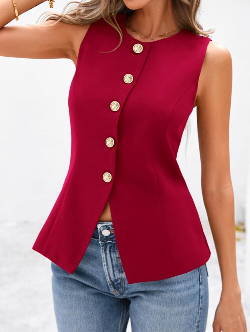 NWT Red Vest Gold Button Sleeveless Size S Work Party Casual